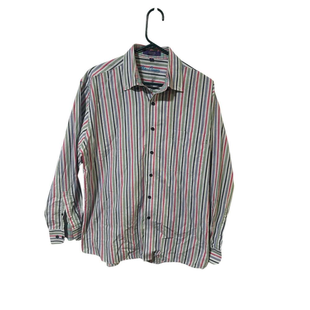 Alan Flusser Size Large Multi Colored Striped Button Down Shirt